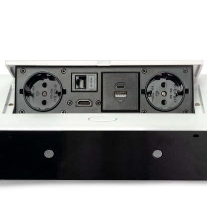Emuca Multiconnettore Atom 26, 225x111mm, 2 prese Schuko, 1 USB Tipo A, 1 USB Tipo C, 1 RJ45, 1 HDMI, Zama-Acciaio-Plastica, Bianco
