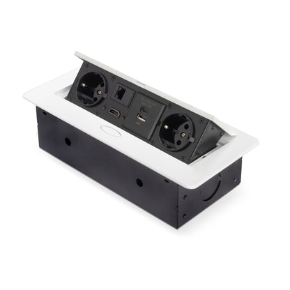 Emuca Multiconnettore Atom 26, 225x111mm, 2 prese Schuko, 1 USB Tipo A, 1 USB Tipo C, 1 RJ45, 1 HDMI, Zama-Acciaio-Plastica, Bianco