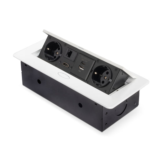 Emuca Multiconnettore Atom 26, 225x111mm, 2 prese Schuko, 1 USB Tipo A, 1 USB Tipo C, 1 RJ45, 1 HDMI, Zama-Acciaio-Plastica, Bianco