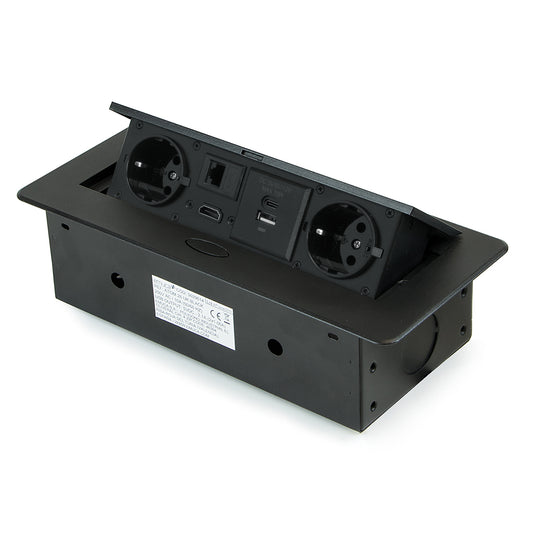 Emuca Multiconnettore Atom 26, 225x111mm, 2 prese Schuko, 1 USB Tipo A, 1 USB Tipo C, 1 RJ45, 1 HDMI, Zama-Acciaio-Plastica, Nero