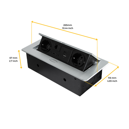 Emuca Multiconnettore Atom 26, 225x111mm, 2 prese Schuko, 1 USB tipo A, 1 USB tipo C, 1 RJ45, 1 HDMI, Zama-Acciaio-Plastica, Grigio metallizzata