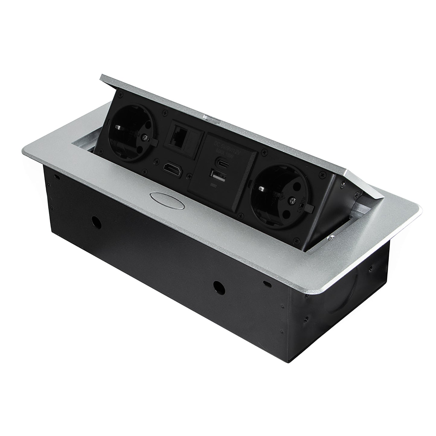 Emuca Multiconnettore Atom 26, 225x111mm, 2 prese Schuko, 1 USB tipo A, 1 USB tipo C, 1 RJ45, 1 HDMI, Zama-Acciaio-Plastica, Grigio metallizzata