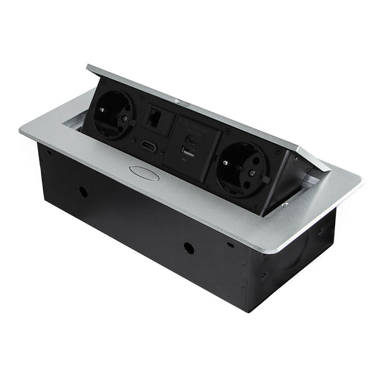 Emuca Multiconnettore Atom 26, 225x111mm, 2 prese Schuko, 1 USB tipo A, 1 USB tipo C, 1 RJ45, 1 HDMI, Zama-Acciaio-Plastica, Grigio metallizzata