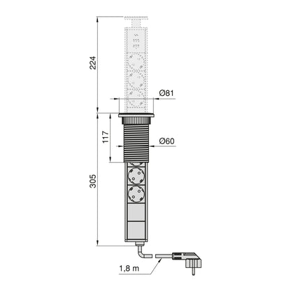 Emuca Multipresa estraibile Vertikal, 3 prese Schuko, 1 USB Tipo A, 1 USB Tipo C, Tecnoplastica e Alluminio, Grigio metallizzata