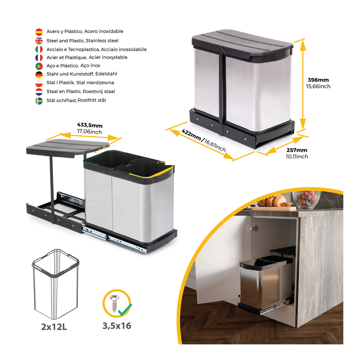 Pattumiere per differenziata Recycle Inox da cucina, 2 x 12 L, fissaggio sul fondo ed estrazione manuale/automaticamente