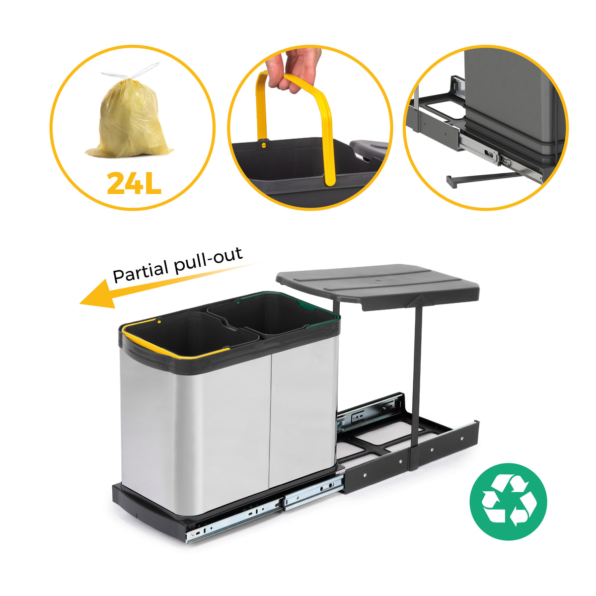 Pattumiere per differenziata Recycle Inox da cucina, 2 x 12 L, fissaggio sul fondo ed estrazione manuale/automaticamente