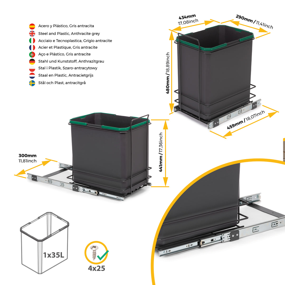 Pattumiera per differenziata Recycle 35 L da cucina, fissaggio sul fondo ed estrazione manuale