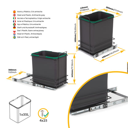 Pattumiera per differenziata Recycle 35 L da cucina, fissaggio sul fondo ed estrazione manuale