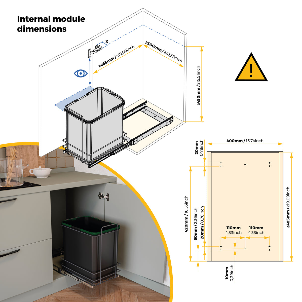 Pattumiera per differenziata Recycle 35 L da cucina, fissaggio sul fondo ed estrazione manuale