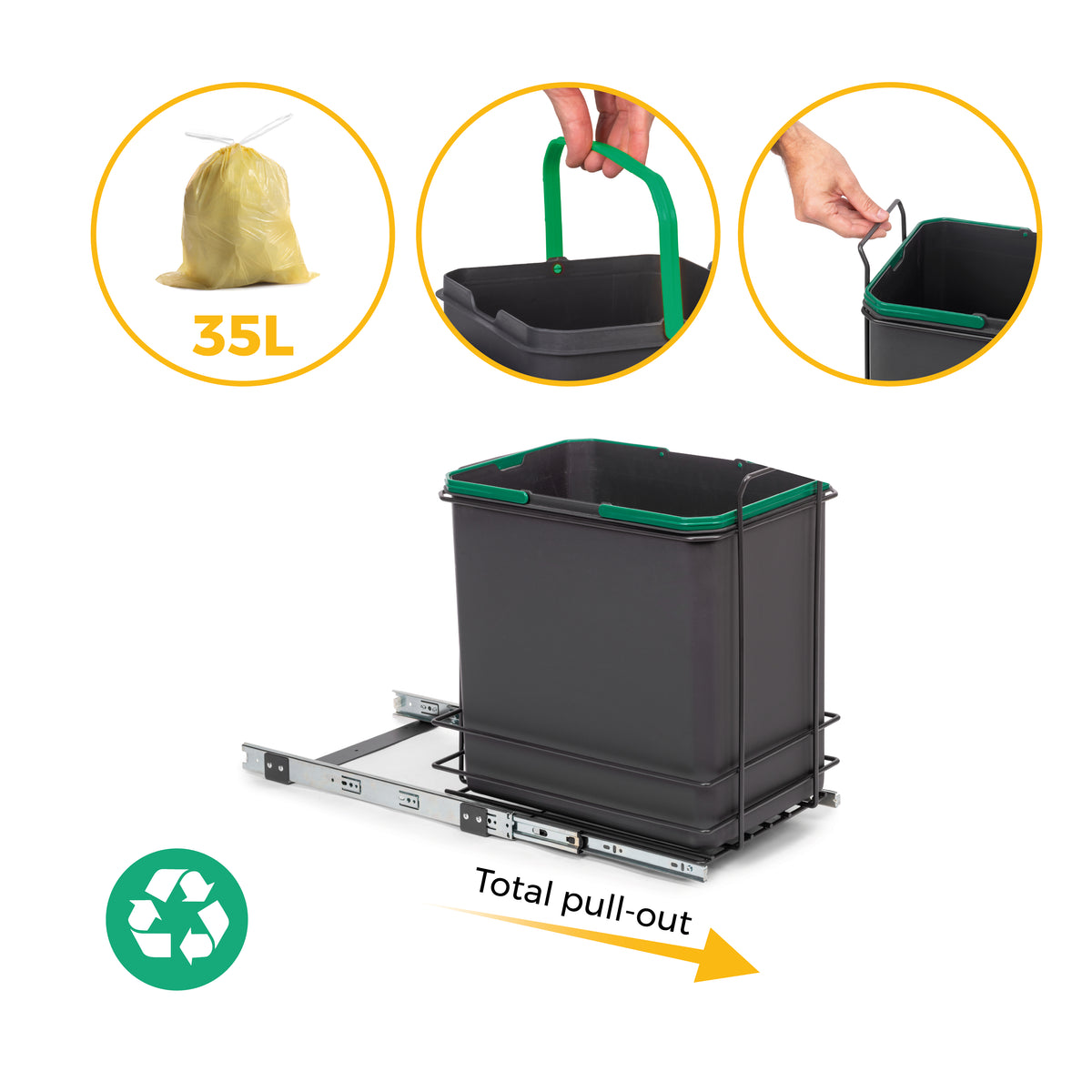 Pattumiera per differenziata Recycle 35 L da cucina, fissaggio sul fondo ed estrazione manuale