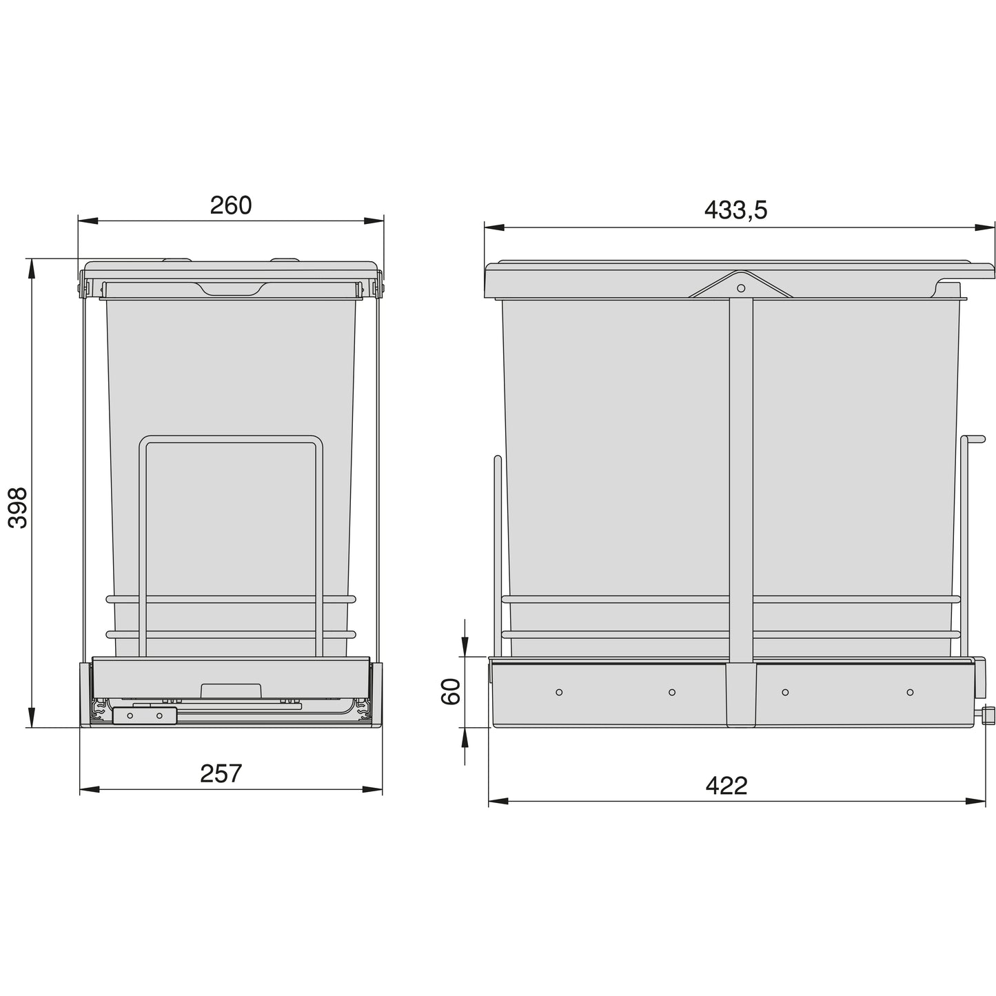 Emuca Contenitore per la raccolta differenziata Recycle da montare sul fondo e da estrarre manualmente/automaticamente in cucina Recycle 2x12lt, Grigio antracite, Tecnoplastica