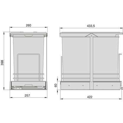 Emuca Contenitore per la raccolta differenziata Recycle da montare sul fondo e da estrarre manualmente/automaticamente in cucina Recycle 2x12lt, Grigio antracite, Tecnoplastica
