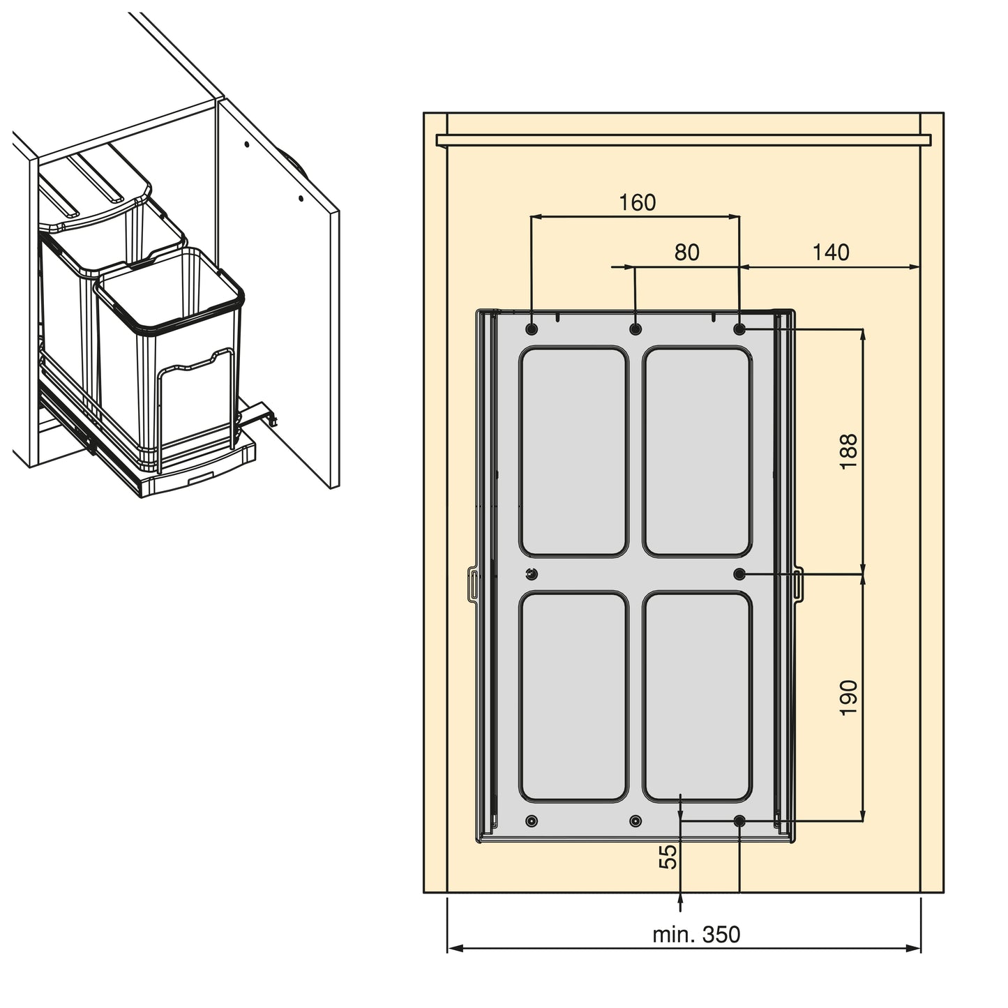 Emuca Contenitore per la raccolta differenziata Recycle da montare sul fondo e da estrarre manualmente/automaticamente in cucina Recycle 2x12lt, Grigio antracite, Tecnoplastica