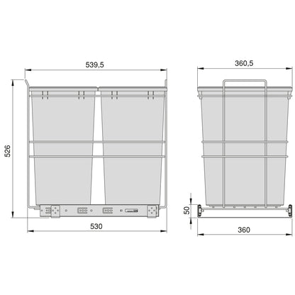 Emuca Contenitore per la raccolta differenziata Recycle da montare sul fondo e da estrarre manualmente in cucina Recycle 2x35lt, Grigio antracite Tecnoplastica