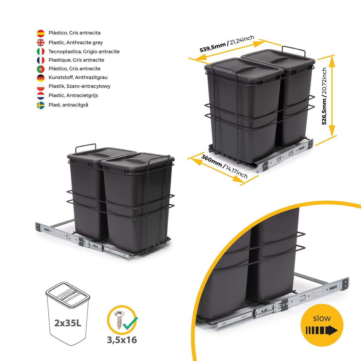 Pattumiere per differenziata Recycle da cucina, 2 x 35 L, fissaggio sul fondo ed estrazione manuale