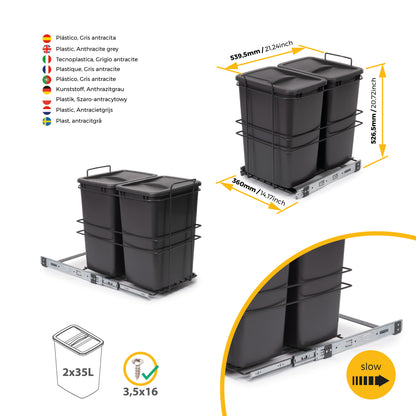 Pattumiere per differenziata Recycle da cucina, 2 x 35 L, fissaggio sul fondo ed estrazione manuale