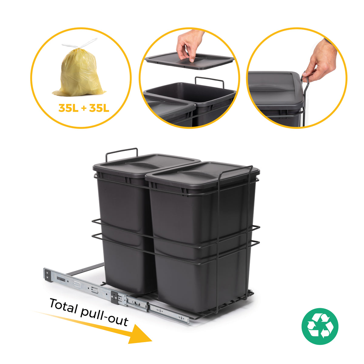 Pattumiere per differenziata Recycle da cucina, 2 x 35 L, fissaggio sul fondo ed estrazione manuale