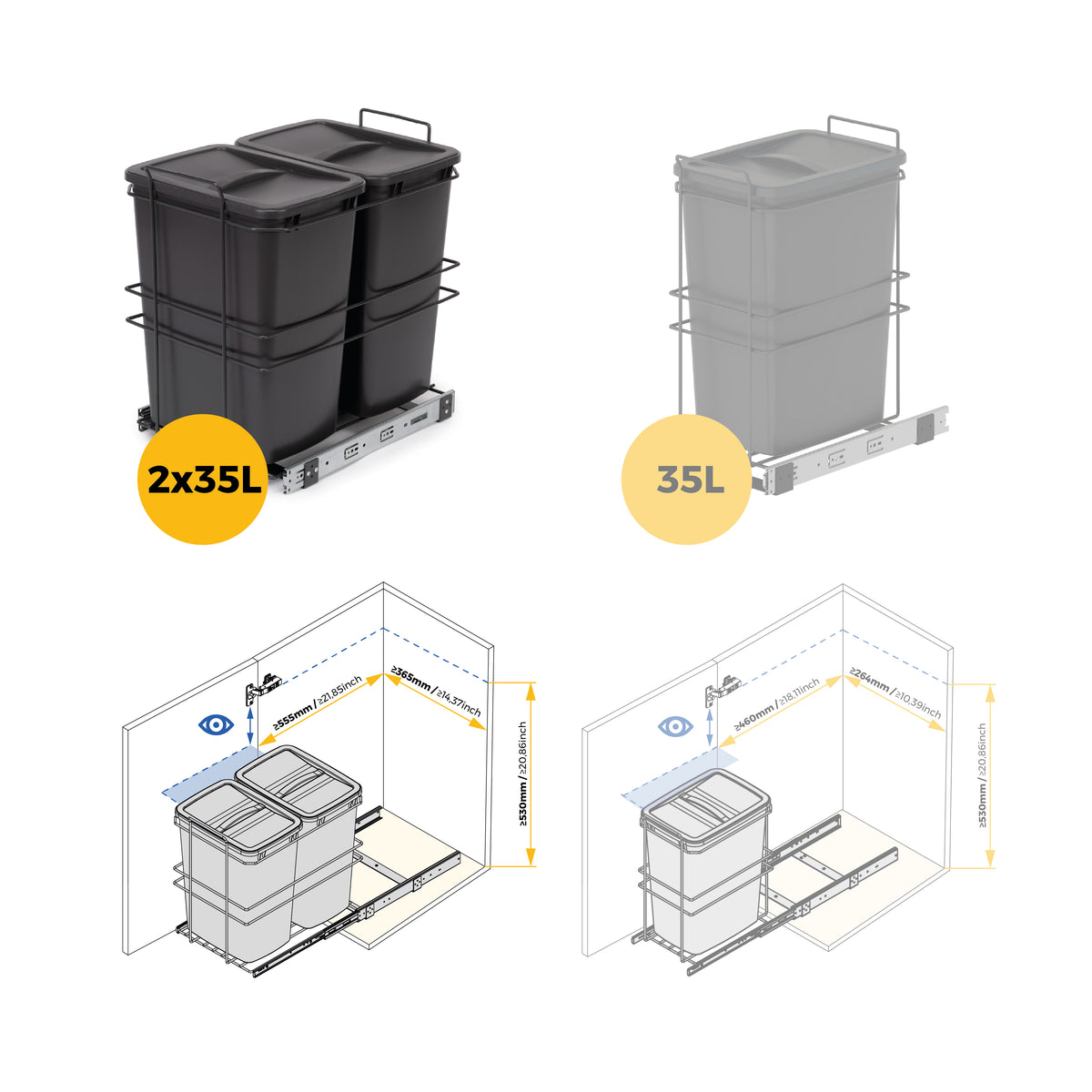Pattumiere per differenziata Recycle da cucina, 2 x 35 L, fissaggio sul fondo ed estrazione manuale