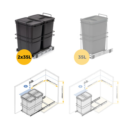 Pattumiere per differenziata Recycle da cucina, 2 x 35 L, fissaggio sul fondo ed estrazione manuale