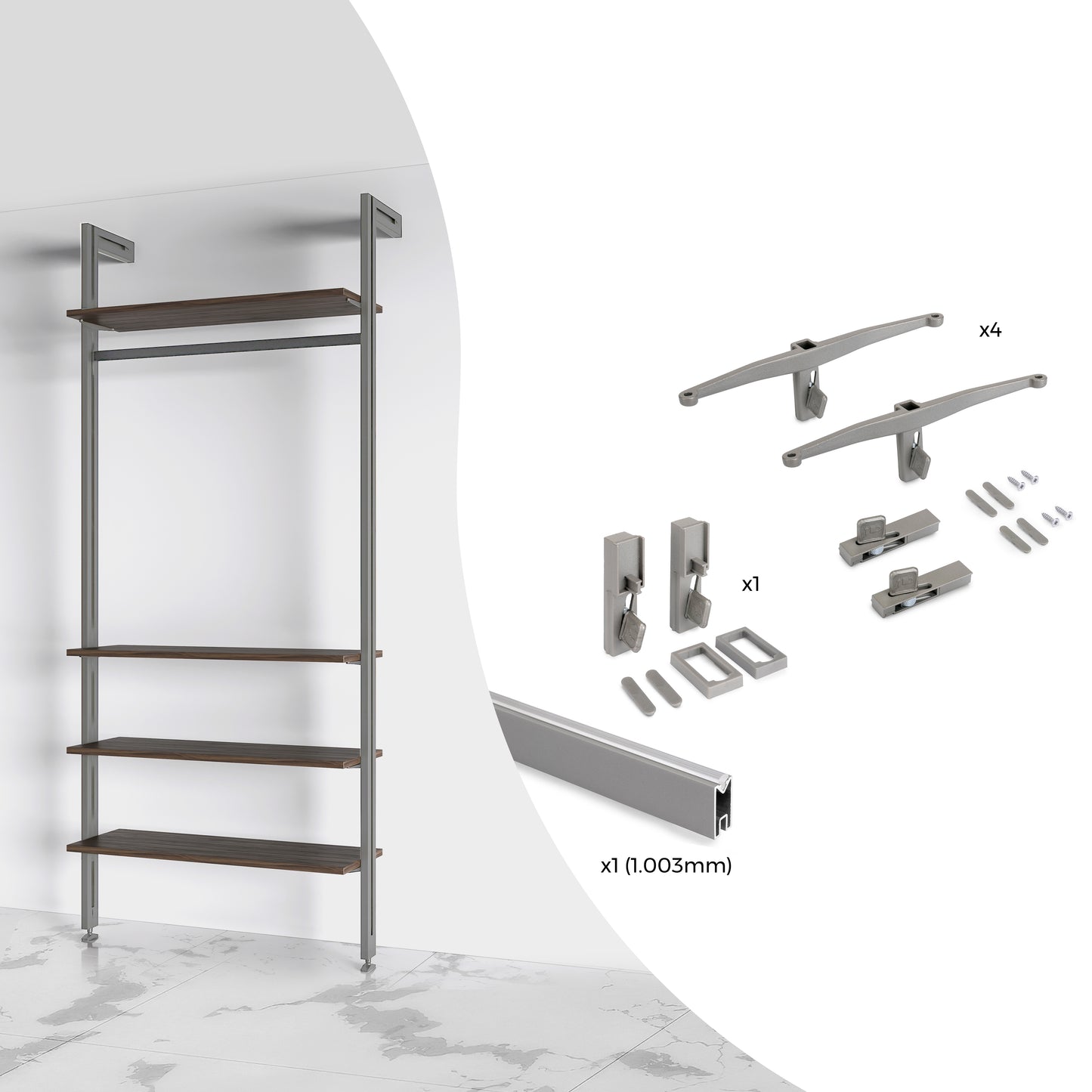 Emuca Kit di staffe per 4 ripiani in legno e 1 asta appendiabiti lunga 1 m Zero, Alluminio e Zama e Tecnoplastica, Verniciato grigio pietra