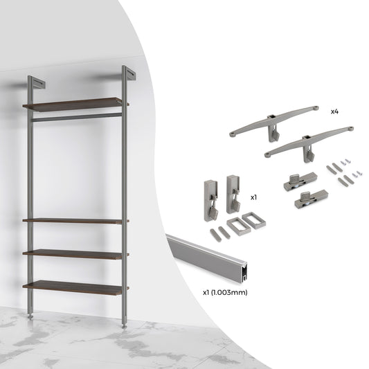 Emuca Kit di staffe per 4 ripiani in legno e 1 asta appendiabiti lunga 1 m Zero, Alluminio e Zama e Tecnoplastica, Verniciato grigio pietra