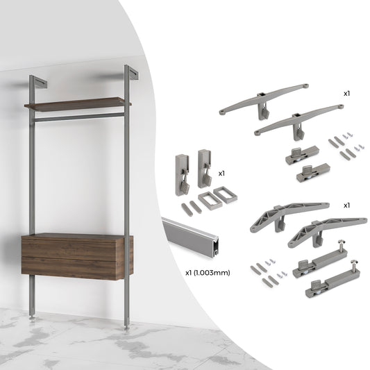Emuca Kit di staffe per 1 ripiano in legno, 1 modulo e 1 asta di sospensione lunghezza 1m Zero, Zama, colore Grigio pietra verniciato