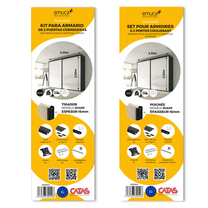 Emuca Kit di ferramenta per armadio 2 ante e chiusura ammortizzata Placard 74, Modello Maniglia Sharp, spessore 16 mm, pannelli non inclusi, Verniciato nero