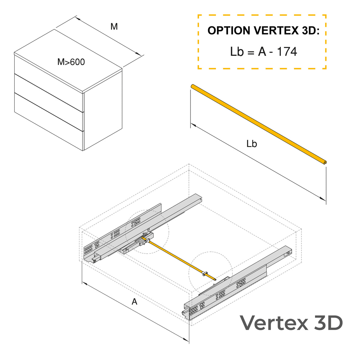 Cassetto esterno Vertex, 40kg, altezza 93mm con Push Sincro e regolazione 3D
