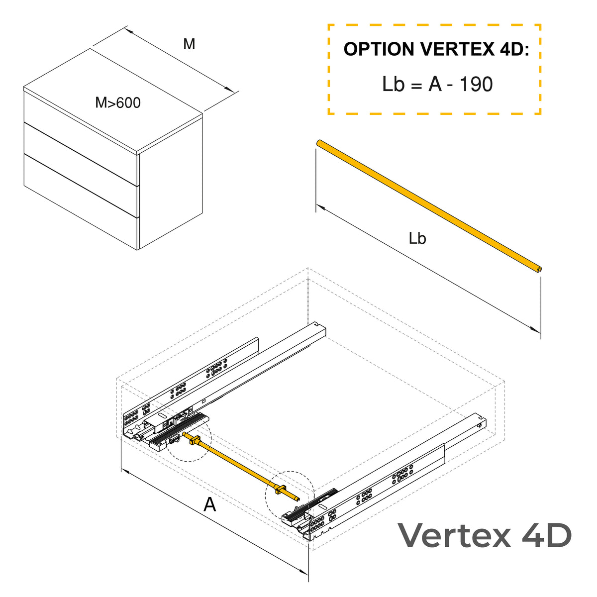 Cassetto esterno Vertex, 40kg, altezza 178mm con Push Sincro e regolazione 3D