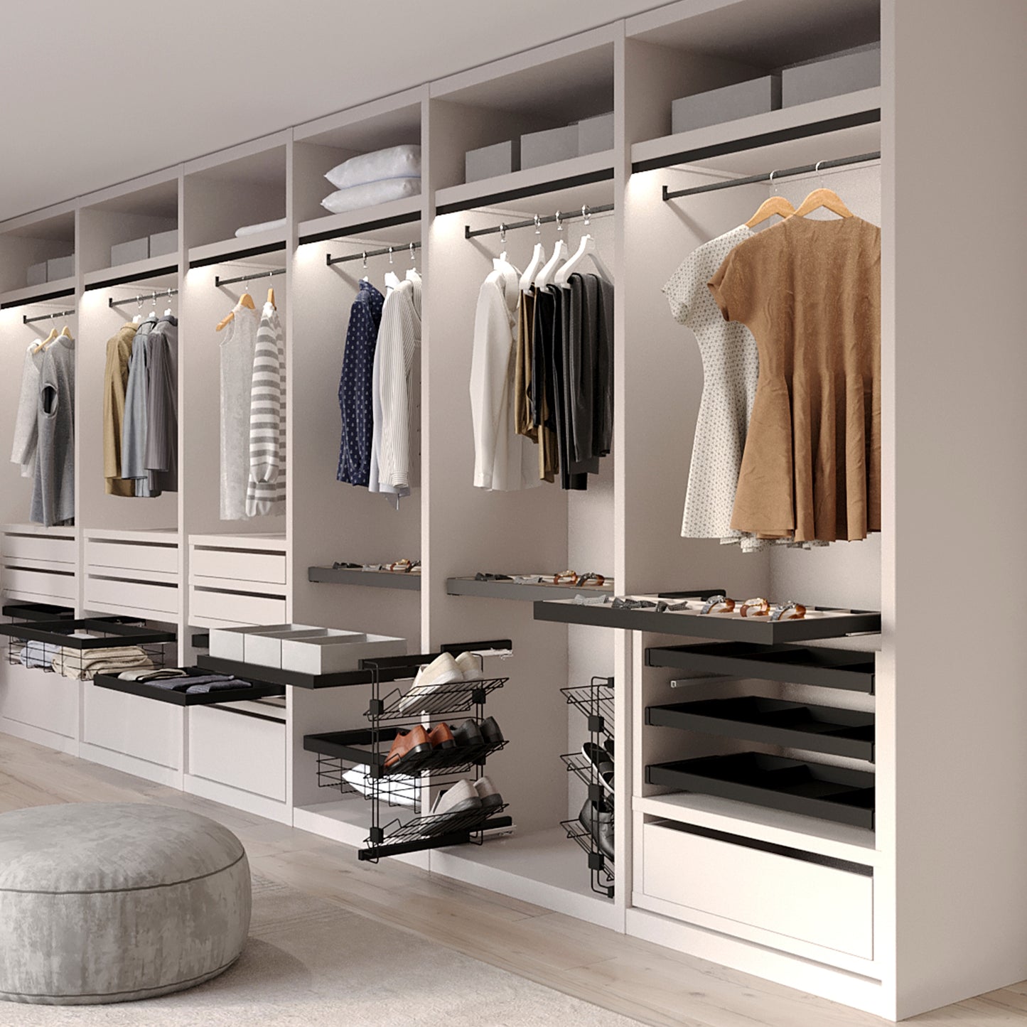 Emuca Lotto di 2 barre appendiabiti per armadio Luxe lunghi 1,15 m con reggitubi, Alluminio e Tecnoplastica, Verniciato nero testurizzato