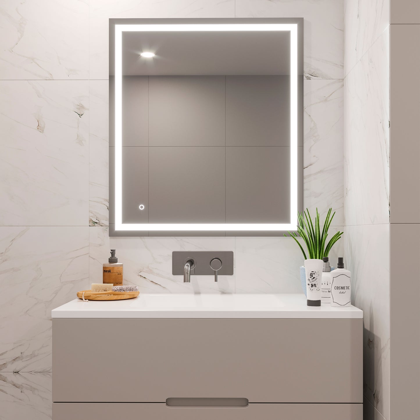Emuca Heracles Specchio da bagno con illuminazione LED frontale e decorativa, AC 230V 50Hz, 34W, Tecnoplastica e Vetro