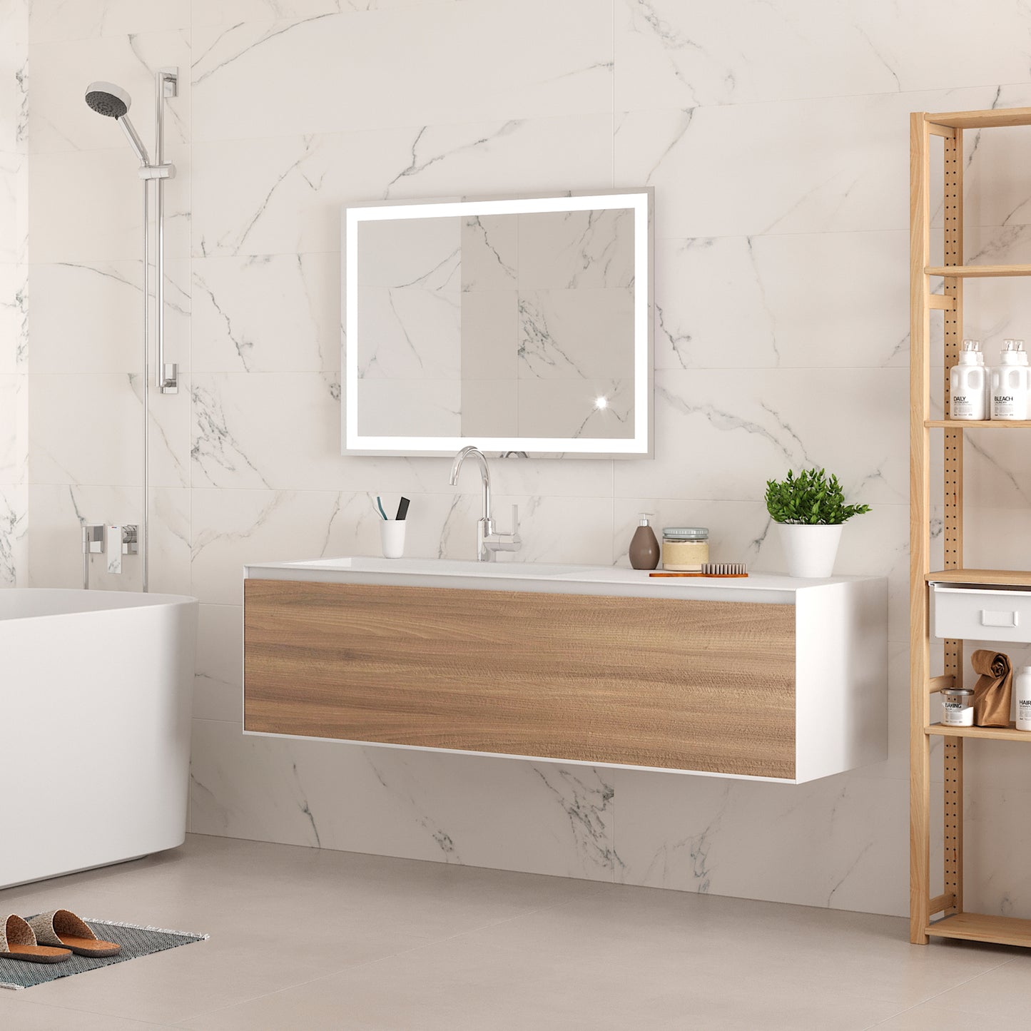 Emuca Heracles Specchio da bagno con illuminazione LED frontale e decorativa, AC 230V 50Hz, 34W, Tecnoplastica e Vetro
