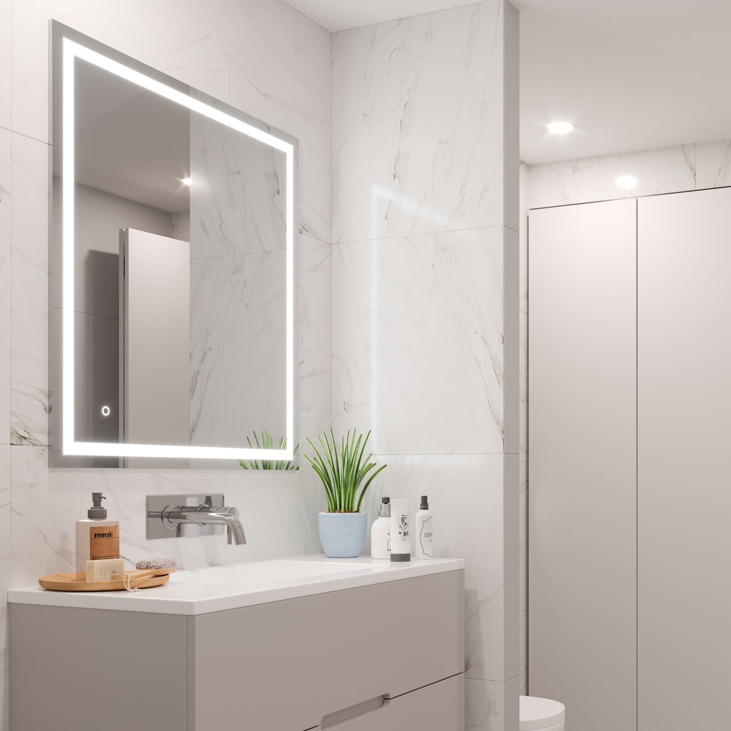 Emuca Heracles Specchio da bagno con illuminazione LED frontale e decorativa, AC 230V 50Hz, 34W, Tecnoplastica e Vetro