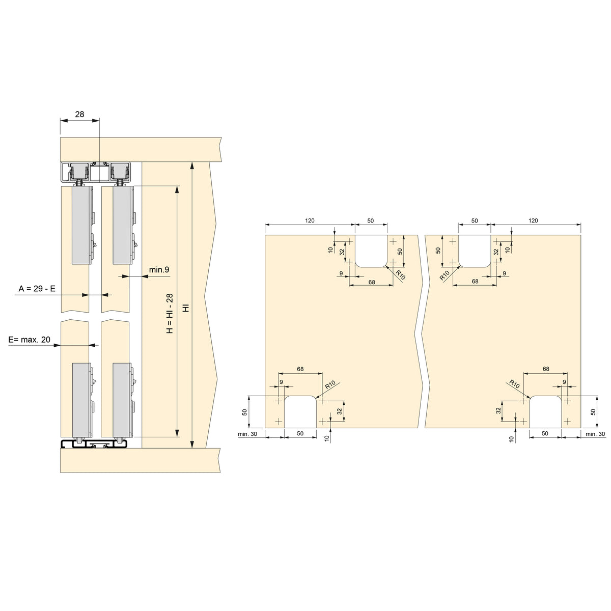 Sistema Flow da superficie in kit per un armadio con 2 ante scorrevoli in legno supportate da chiusura ammortizzata