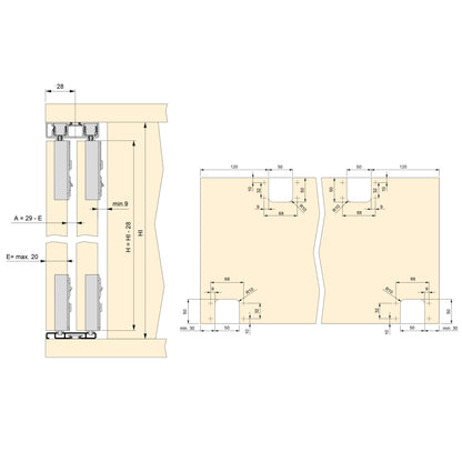Sistema Flow da superficie in kit per un armadio con 2 ante scorrevoli in legno supportate da chiusura ammortizzata