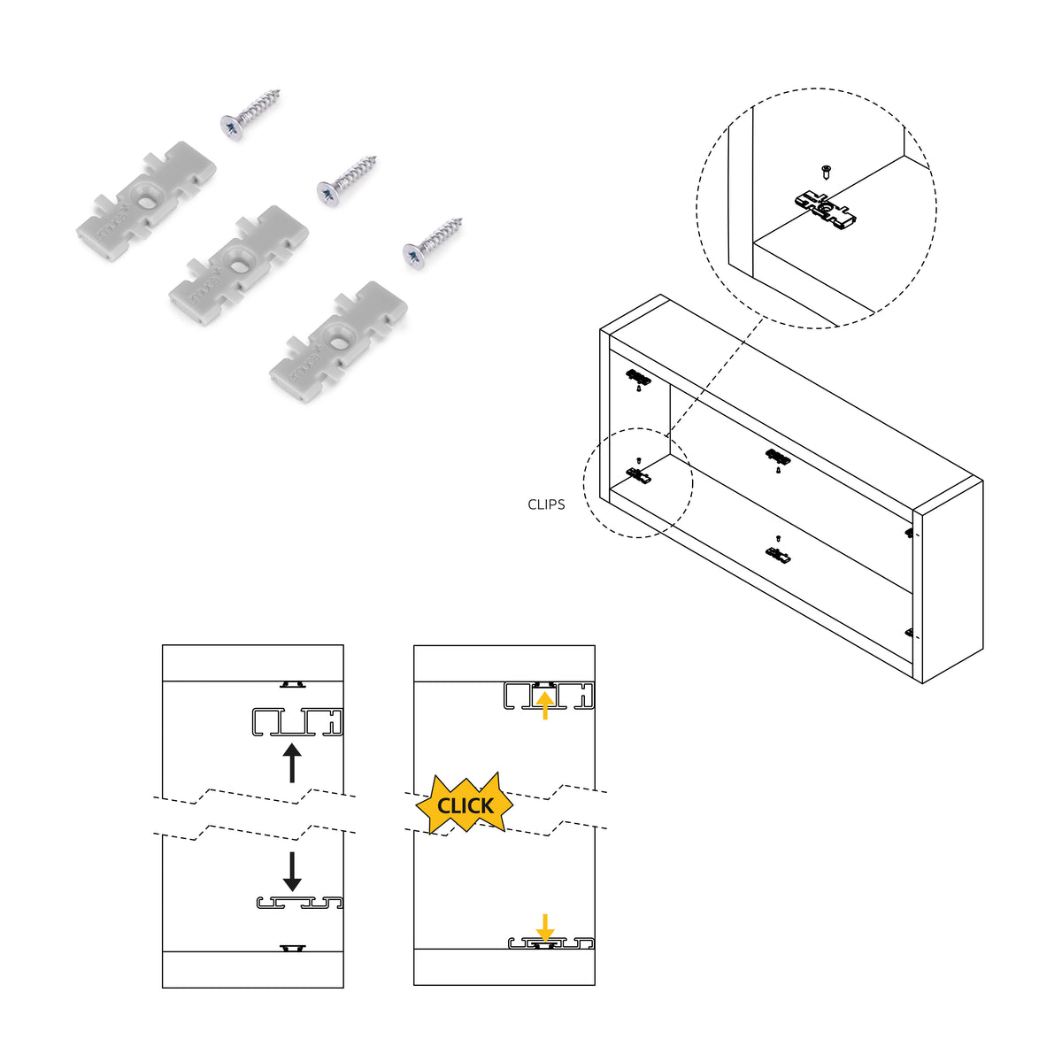 Sistema Flow da superficie in kit per un armadio con 2 ante scorrevoli in legno supportate da chiusura ammortizzata