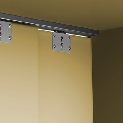Sistema Flow da superficie in kit per un armadio con 2 ante scorrevoli in legno supportate da chiusura ammortizzata