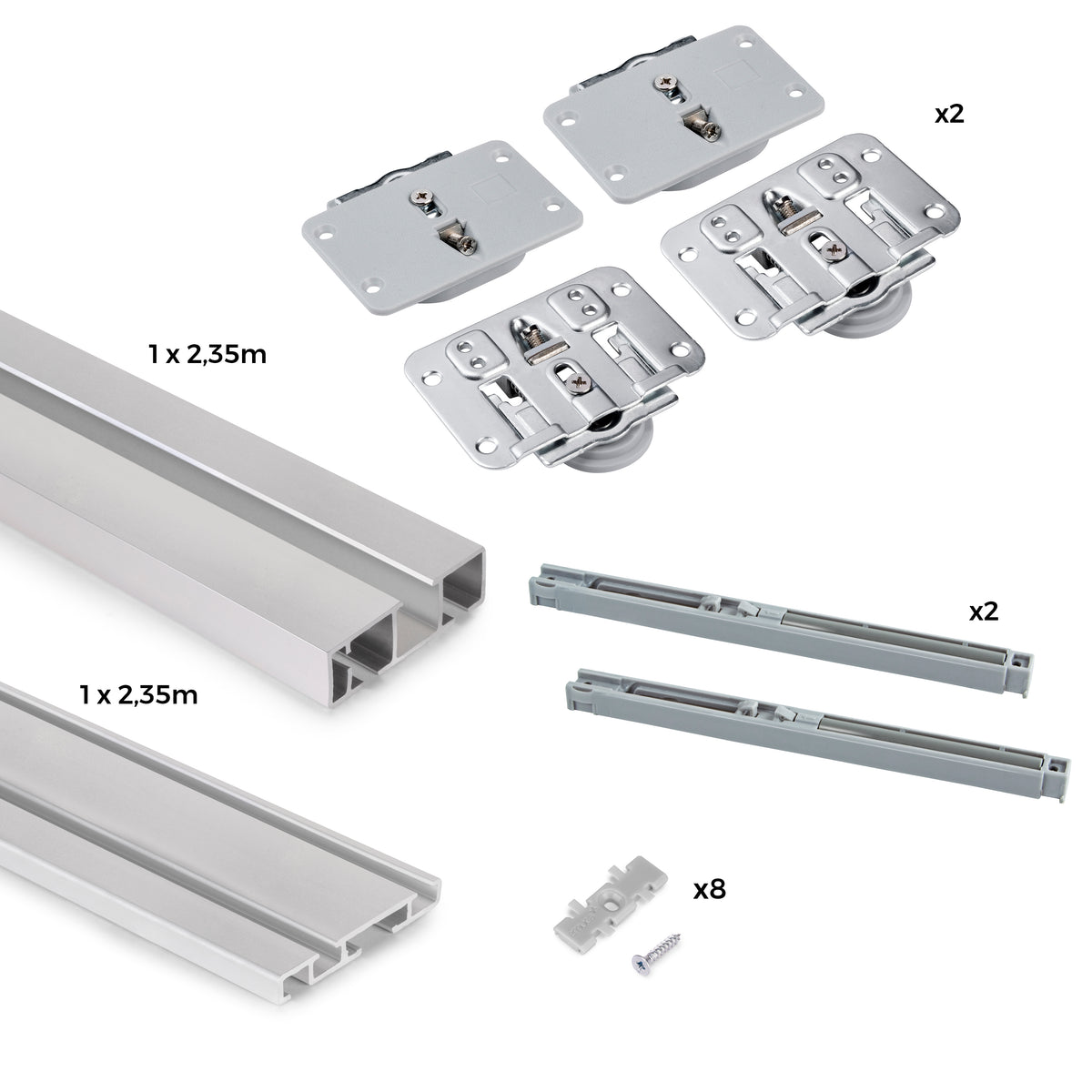 Sistema Flow da superficie in kit per un armadio con 2 ante scorrevoli in legno supportate da chiusura ammortizzata
