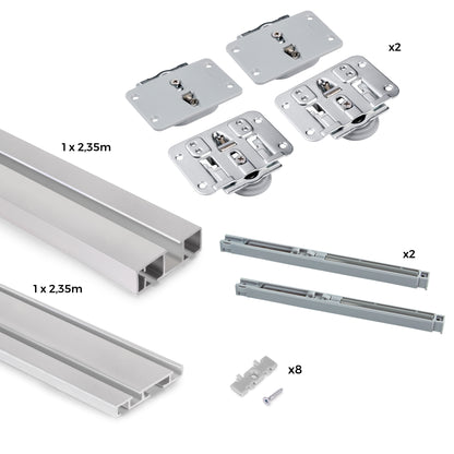 Sistema Flow da superficie in kit per un armadio con 2 ante scorrevoli in legno supportate da chiusura ammortizzata