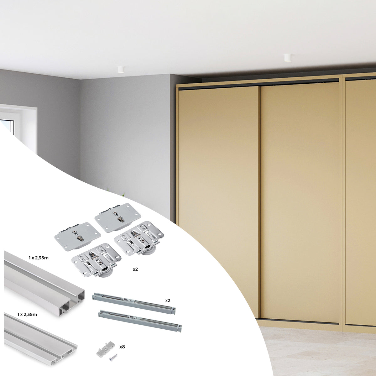 Sistema Flow da superficie in kit per un armadio con 2 ante scorrevoli in legno supportate da chiusura ammortizzata