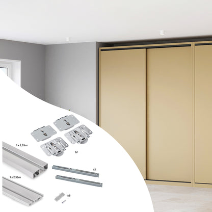 Sistema Flow da superficie in kit per un armadio con 2 ante scorrevoli in legno supportate da chiusura ammortizzata
