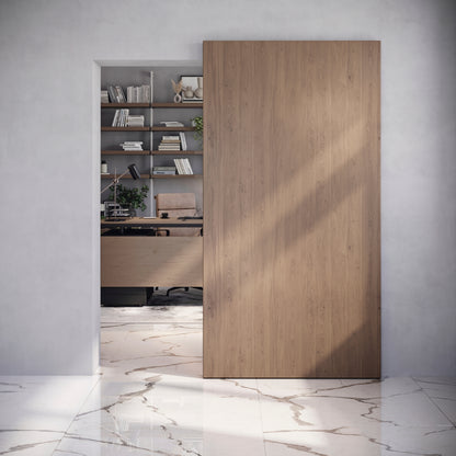 Sistema Wall per ante scorrevoli sospese in legno con chiusura soft
