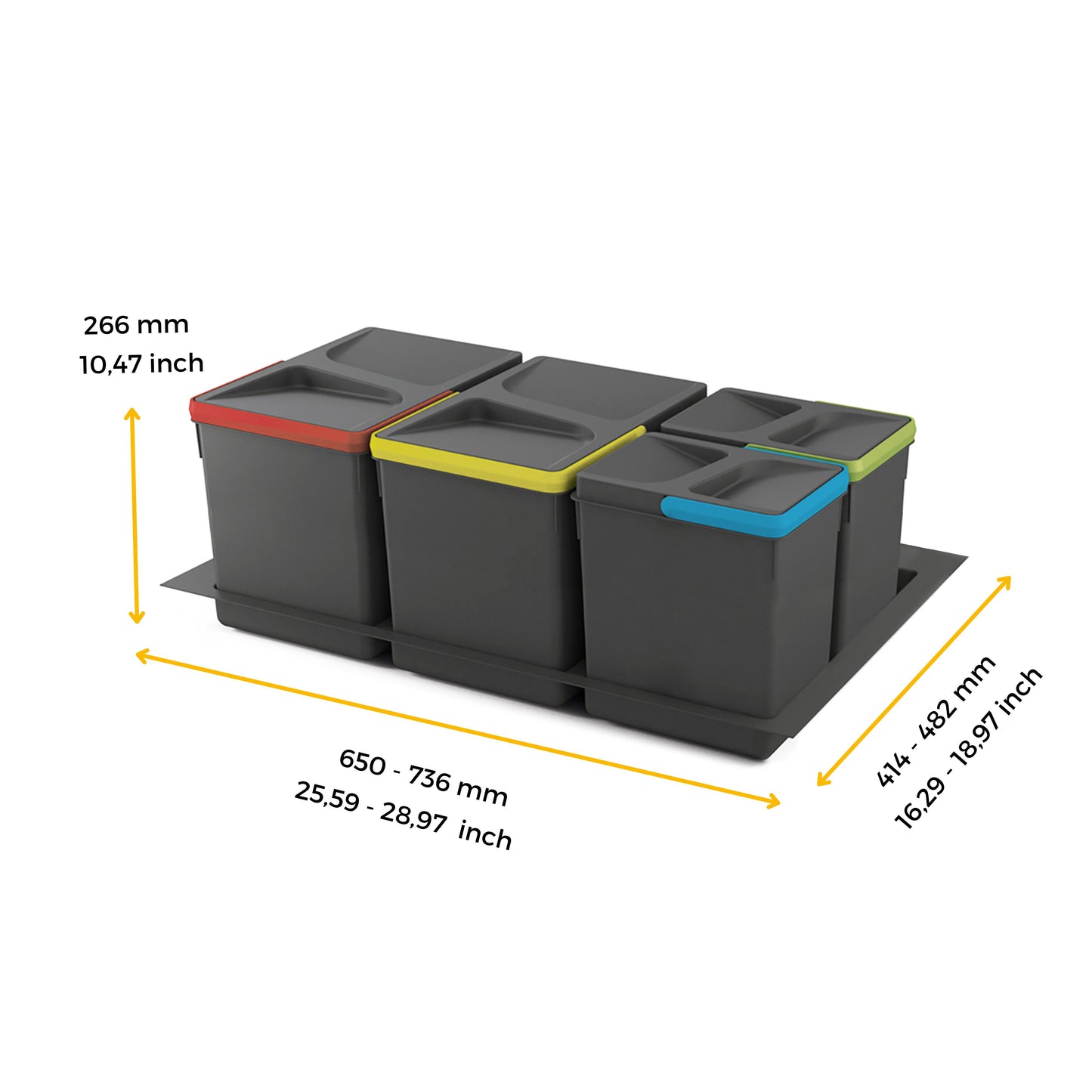 Emuca Kit di contenitori per cassetti da cucina con base Recycle altezza 266 mm, 2x15 lt, 2x7 lt, modulo 800 mm, Grigio antracite