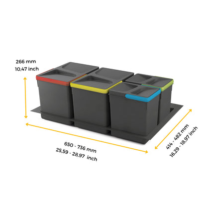 Emuca Kit di contenitori per cassetti da cucina con base Recycle altezza 266 mm, 2x15 lt, 2x7 lt, modulo 800 mm, Grigio antracite