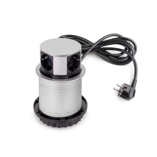 Emuca Multiconnettore Vertikal Push diametro 100mm, 3 spine di tipo Schuko, 1 USB tipo A, 1 USB tipo C, Acciaio e Tecnoplastica, Verniciato alluminio