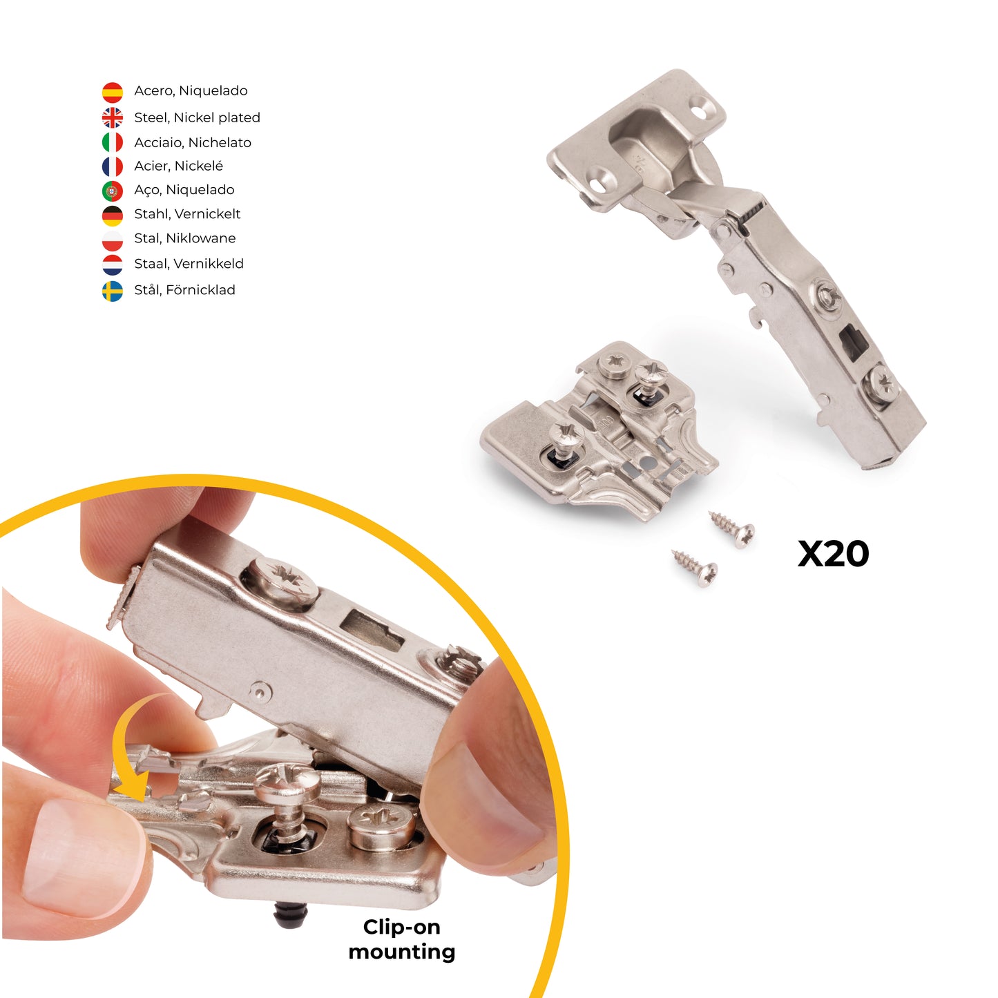 Emuca Lotto di 20 cerniere collo dritto X91 con chiusura soft e basetta montaggio misto, Diametro 5x9,5 mm, Altezza 0, Acciaio, Nichelato