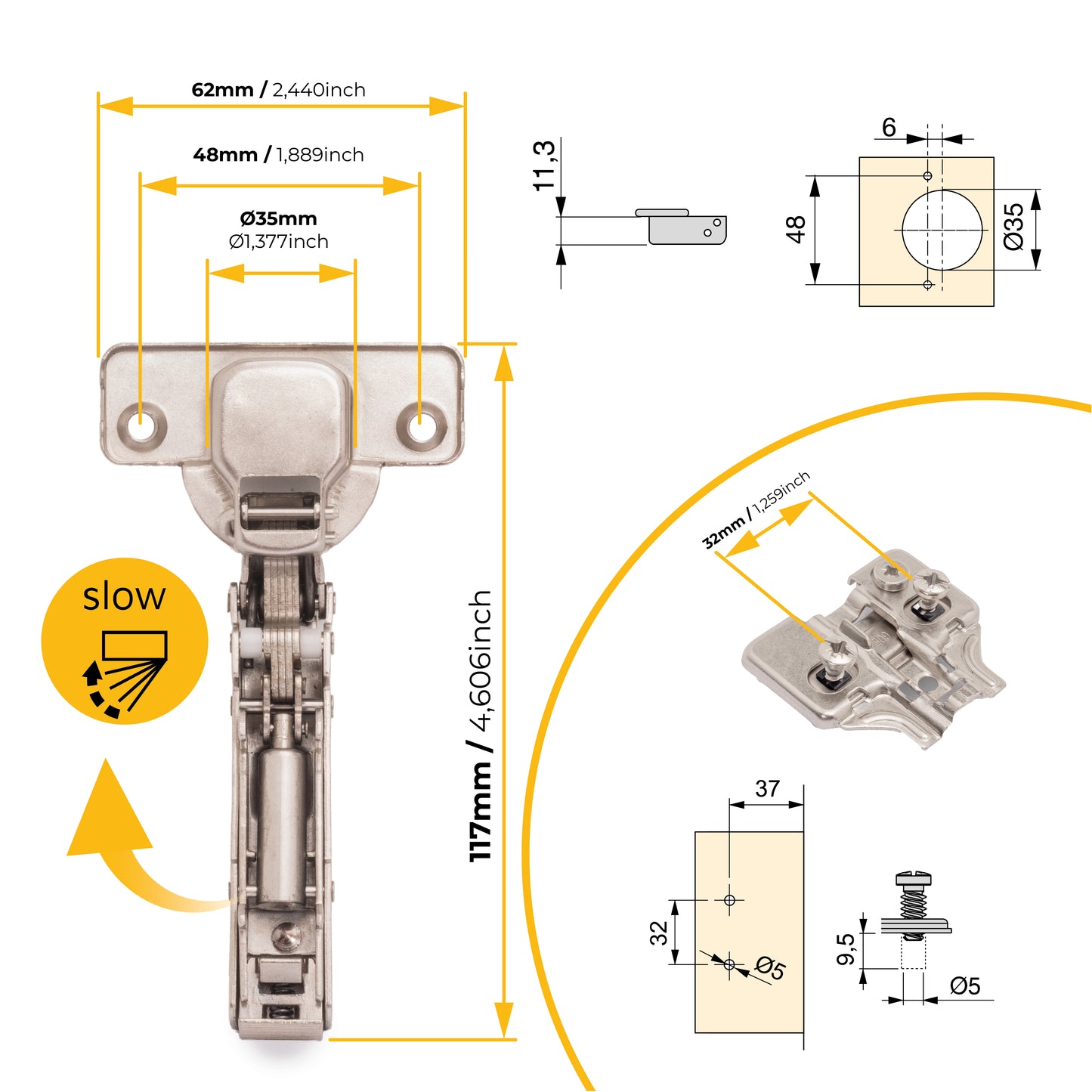 Emuca Lotto di 20 cerniere collo dritto X91 con chiusura soft e basetta montaggio misto, Diametro 5x9,5 mm, Altezza 0, Acciaio, Nichelato