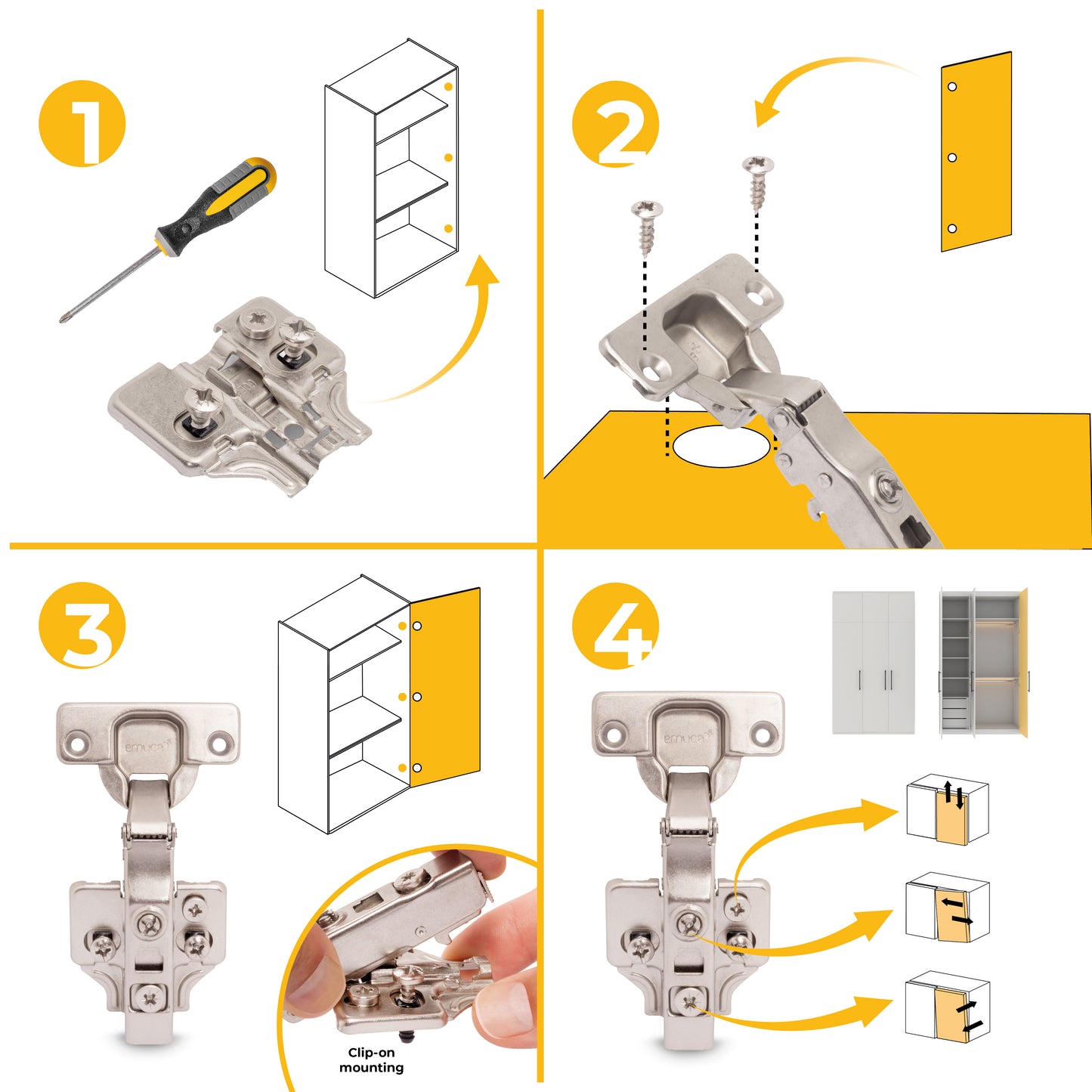 Emuca Lotto di 20 cerniere collo dritto X91 con chiusura soft e basetta montaggio misto, Diametro 5x9,5 mm, Altezza 0, Acciaio, Nichelato