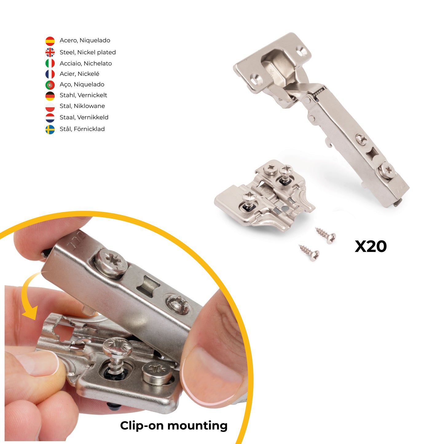 Emuca Lotto di 20 cerniere collo dritto X92 con chiusura soft e basette montaggio misto, diametro 5x9,5 mm, altezza 0, Acciaio, Nichelato
