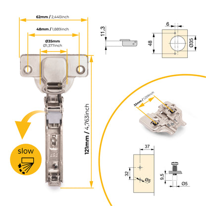 Emuca Lotto di 20 cerniere collo dritto X92 con chiusura soft e basette montaggio misto, diametro 5x9,5 mm, altezza 0, Acciaio, Nichelato
